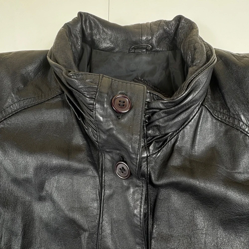 Vintage Black Leather Jacket Mens Small Minimalist‎ Button Front